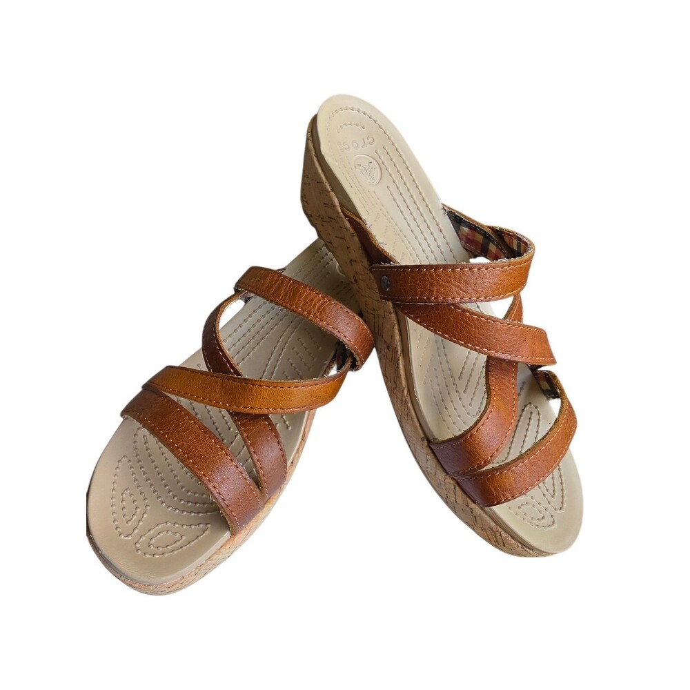Crocs Brown Strappy Wedge Sandals Womens Sz 9 Cork Wedge Comfort Slides A-Leigh